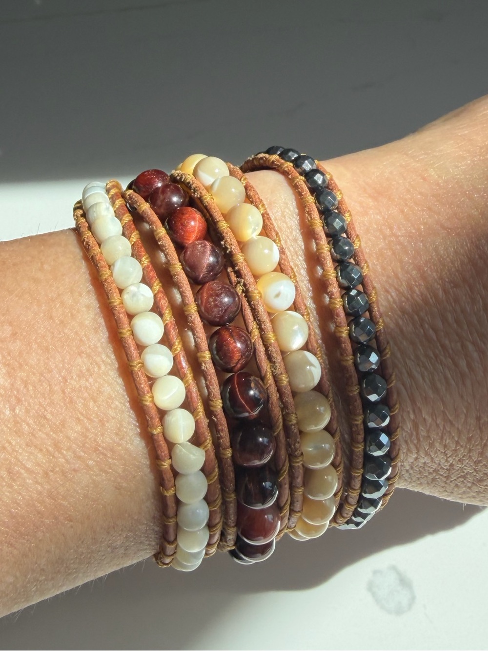 Multi-Strand genuine gemstone leather Wrap Bracelet in Cream, Brown and Black